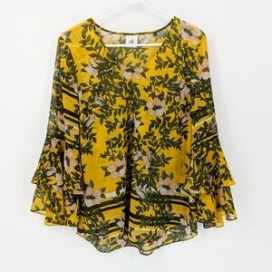 Cabi Spring‎ Scene Floral Print V Neck Bell Sleeve Blouse Yellow Women's Size S